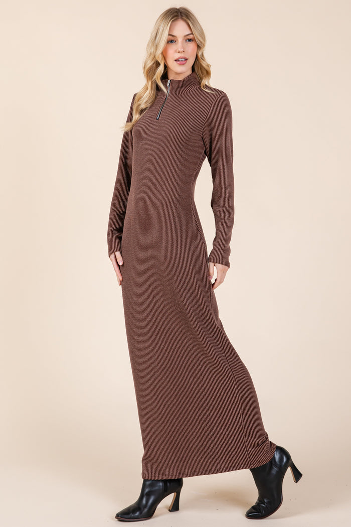 Brown Textured Rib Quarter Zip Maxi Dress