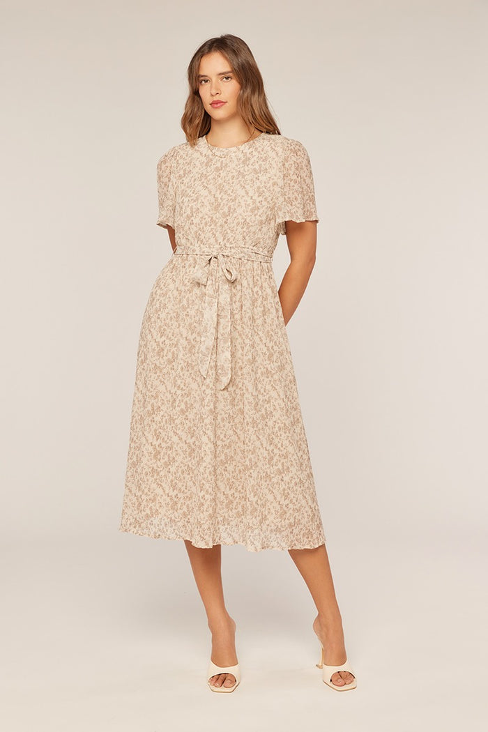 Ivory Floral Plisse Chiffon Midi Dress