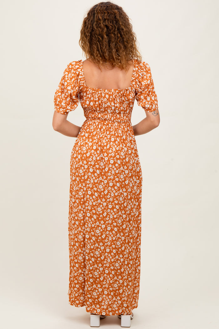 Orange Floral Puff Sleeve Side Slit Midi Dress