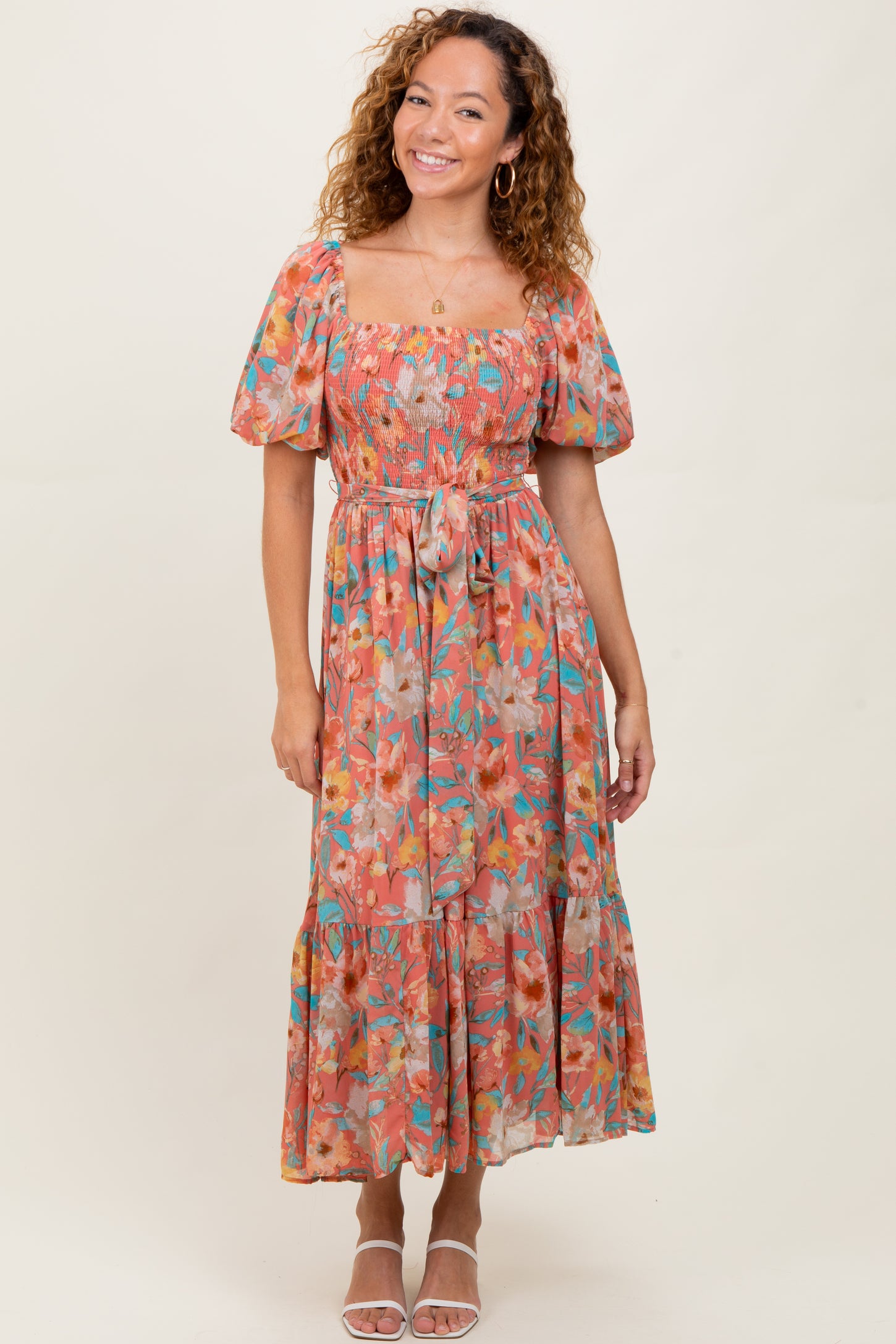 Pink Floral Smocked Puffed Sleeve Midi Dress