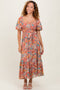 Pink Floral Smocked Puffed Sleeve Midi Dress