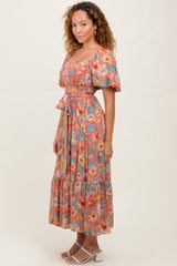 Pink Floral Smocked Puffed Sleeve Midi Dress