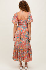 Pink Floral Smocked Puffed Sleeve Midi Dress