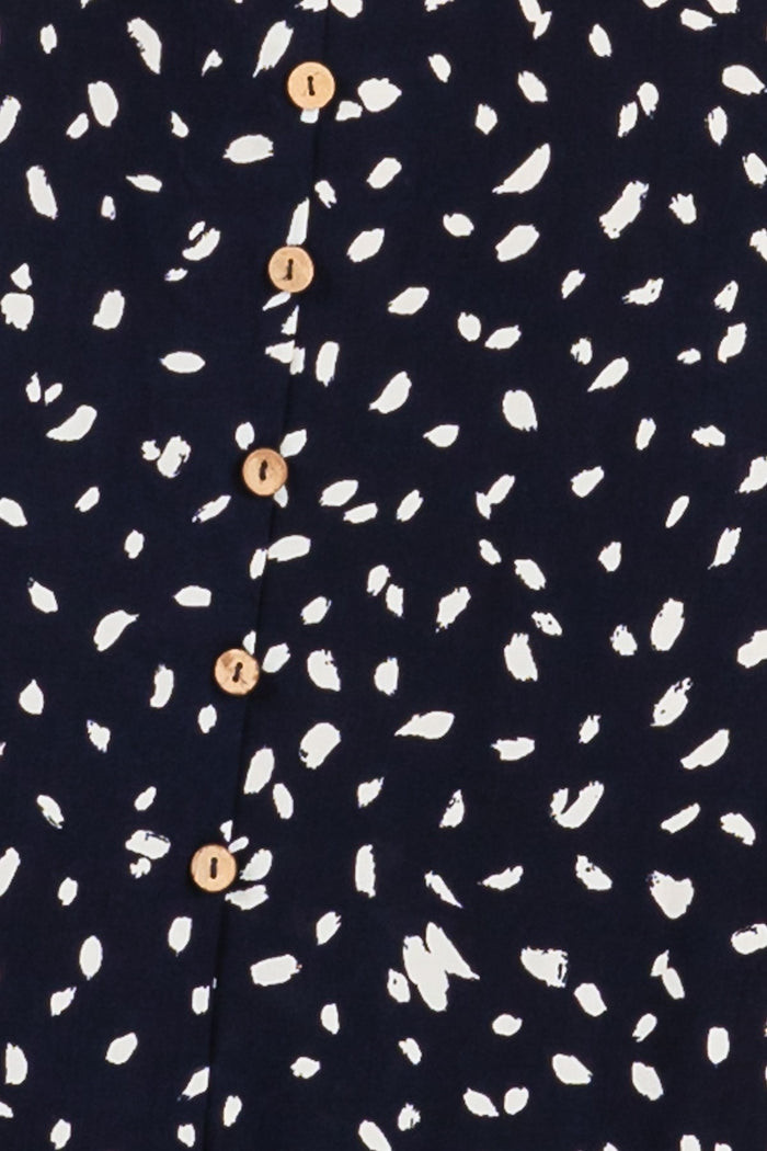 Navy Printed Button Accent Flutter Sleeve Midi Dress