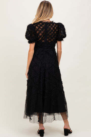Black Ruffle Detail Swiss Dot Tulle Maternity Midi Dress