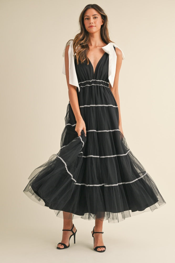 Black Shoulder Bow Tie Lace Detail Tulle Maternity Midi Dress