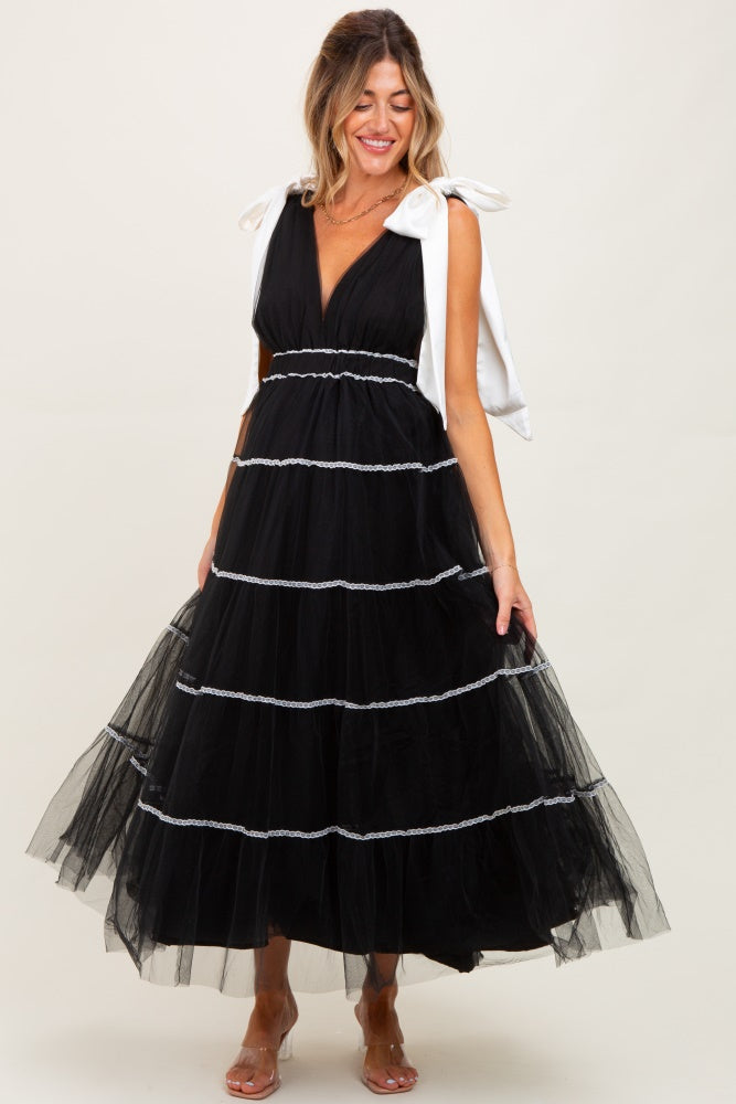 Black Shoulder Bow Tie Lace Detail Tulle Maternity Midi Dress