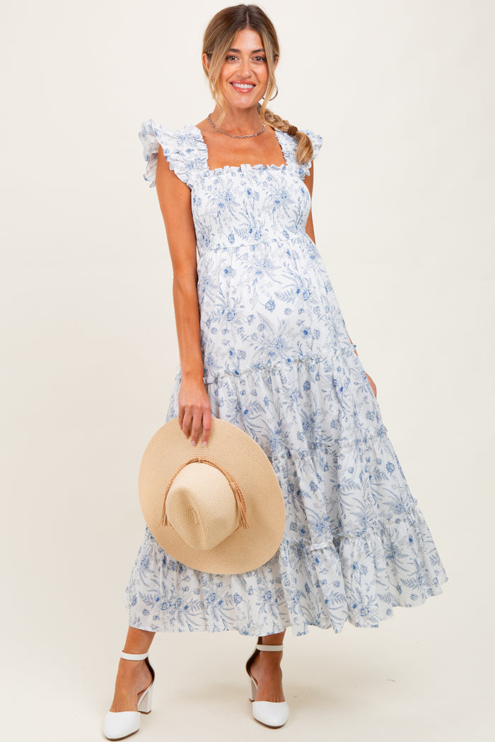 Blue Floral Smocked Tiered Maternity Maxi Dress
