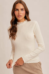 Ivory Lettuce Edge Mock Neck Long Sleeve Rib Top