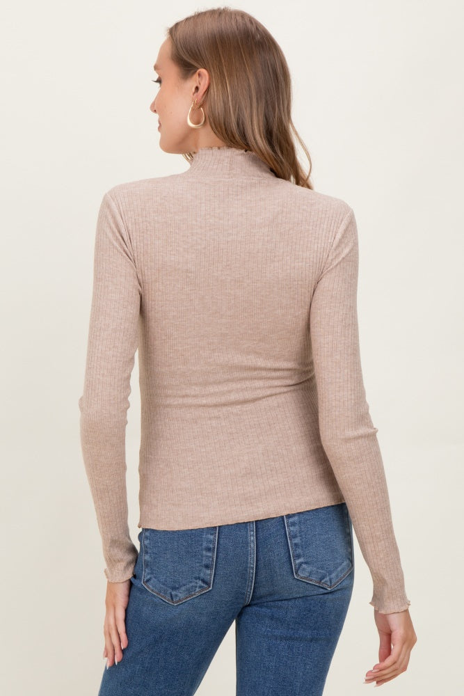 Mocha Lettuce Edge Mock Neck Long Sleeve Rib Maternity Top