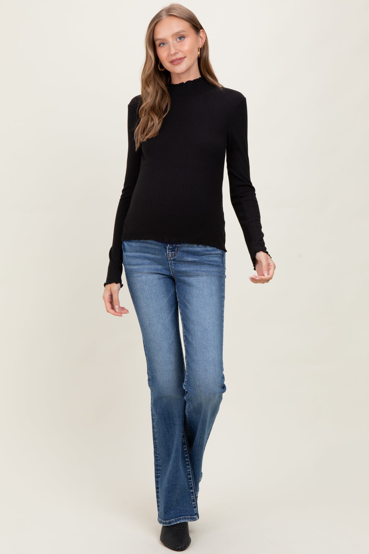 Black Lettuce Edge Mock Neck Long Sleeve Rib Maternity Top