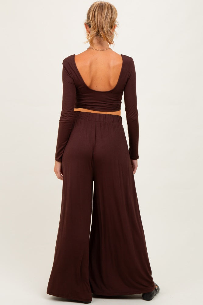 Brown Long-Sleeve Crop Top And Maxi Pants Maternity Set