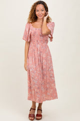 Pink Floral Smocked Midi Dress