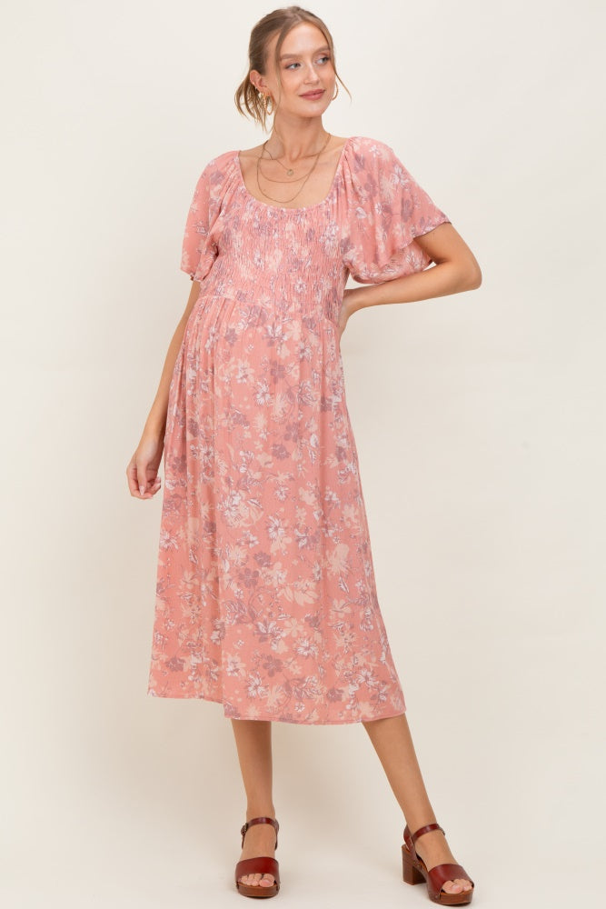 Pink Floral Smocked Maternity Midi Dress