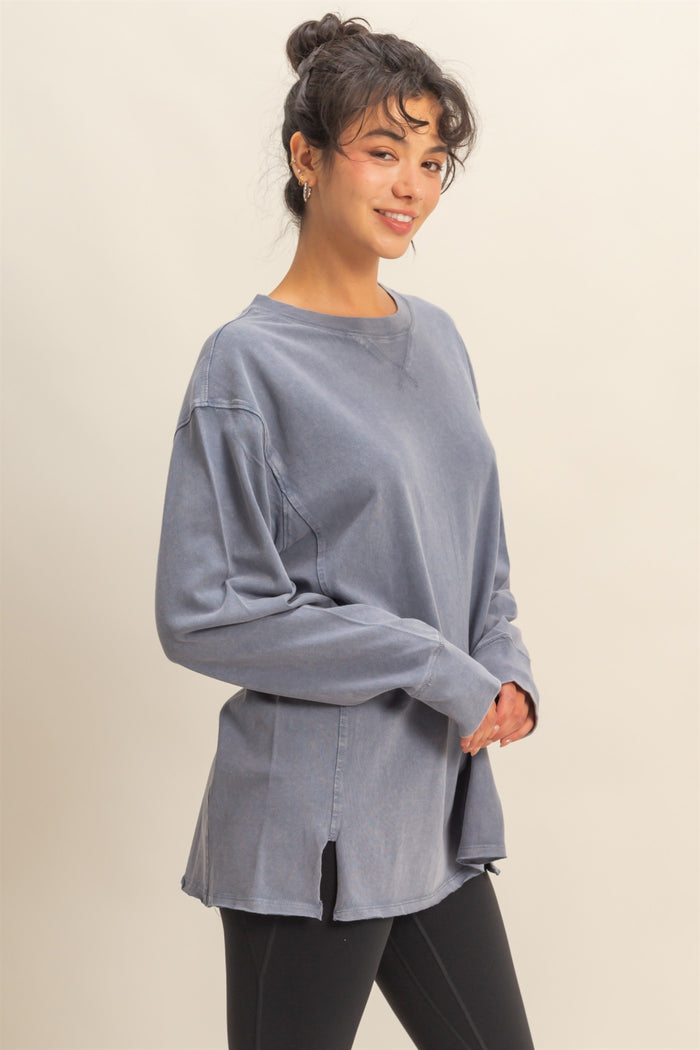 Navy Mineral Washed Drop Shoulder Long Sleeve Top