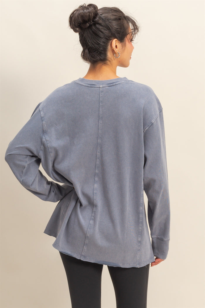Navy Mineral Washed Drop Shoulder Long Sleeve Top