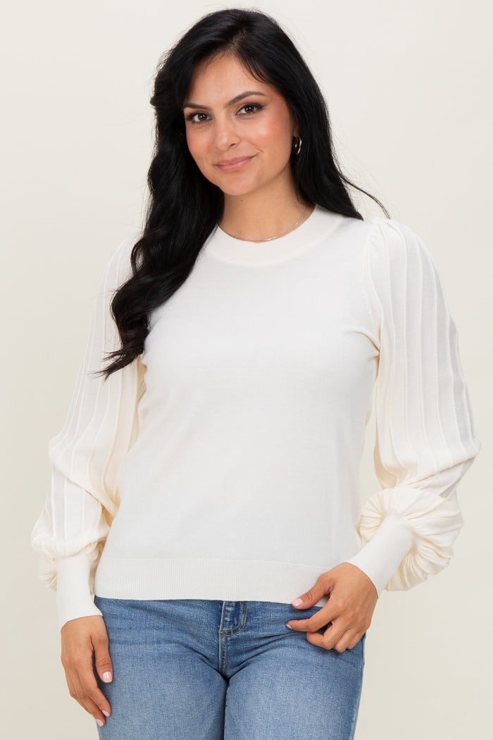 Ivory Ribbed Bubble Sleeve Knit Top