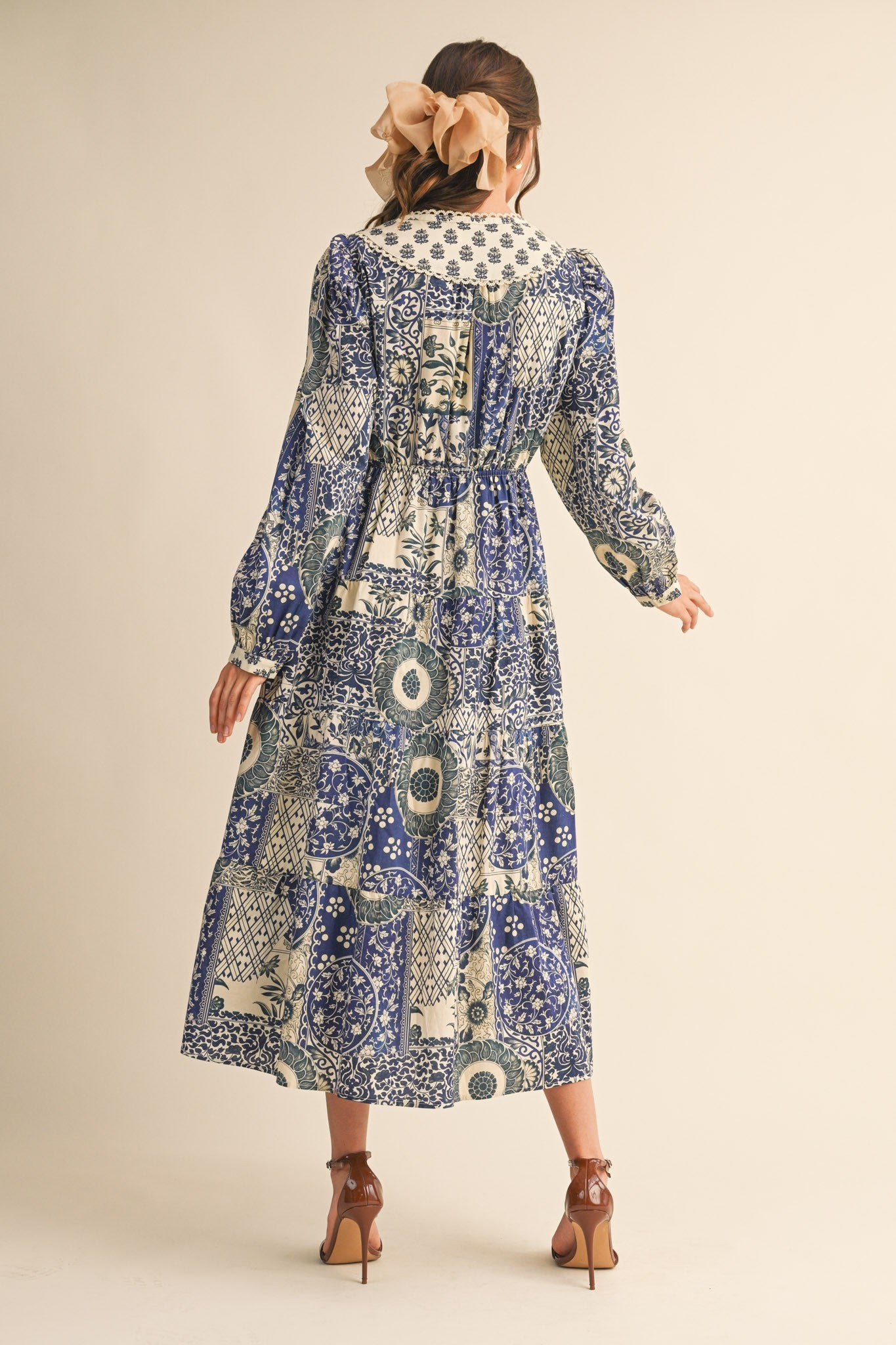 Blue Floral Patchwork Print Front Tie Midi Dress