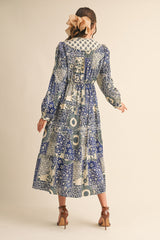 Blue Floral Patchwork Print Front Tie Midi Dress