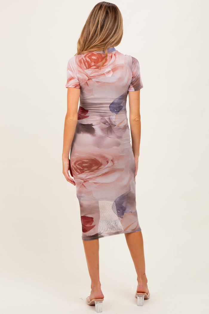 Light Pink Floral Mesh Short Sleeve Maternity Midi Dress