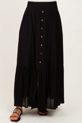 Black Smocked Waist Button Accent Maternity Maxi Skirt