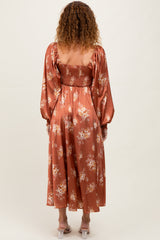 Rust Satin Floral Bubble Sleeve Midi Dress