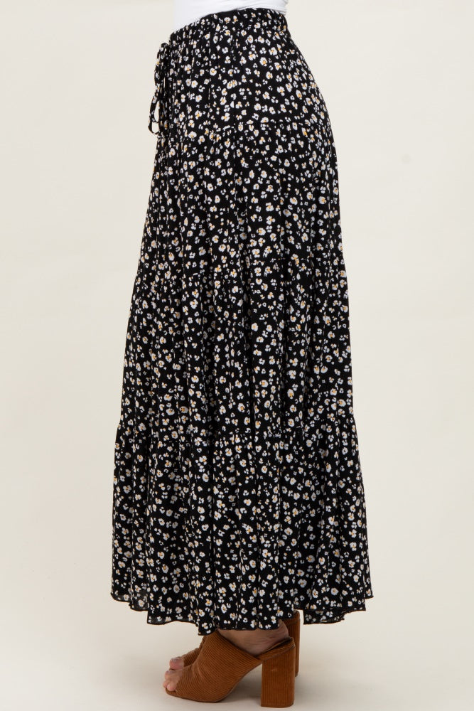 Black Floral Tiered Maxi Skirt