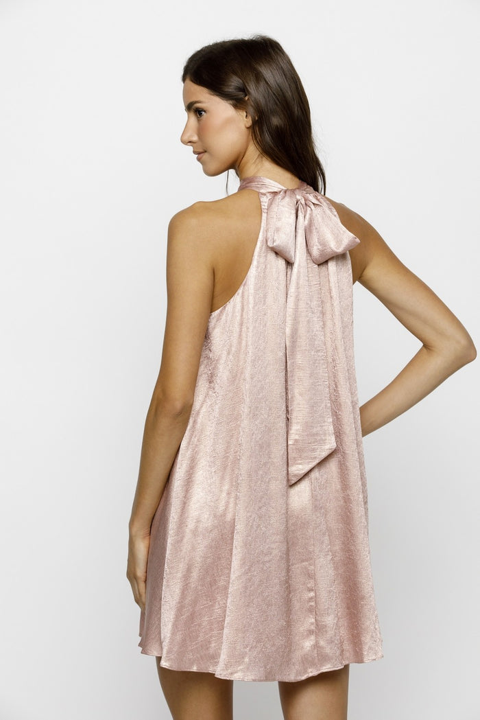 Light Pink Textured Satin Bow Tie Mini Dress