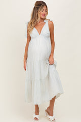 Light Blue V-Neck Shoulder Tie Maternity Midi Dress