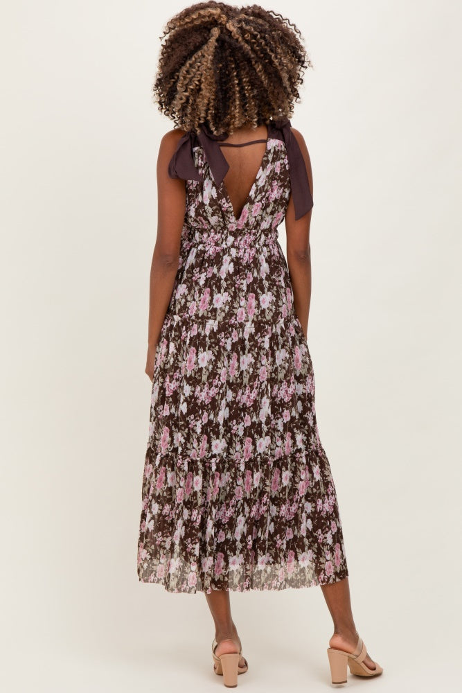 Brown Floral V-Neck Shoulder Tie Maternity Midi Dress