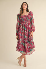 Burgundy Floral Chiffon Smocked Ruffle Tiered Maternity Midi Dress