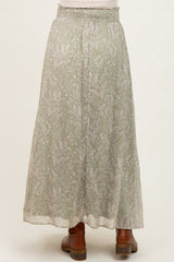 Light Olive Floral Chiffon Button Detail Maternity Maxi Skirt