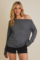 Black Striped Boat Neck Long Sleeve Top