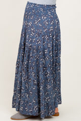 Blue Floral Smocked Waist Tiered Maternity Maxi Skirt