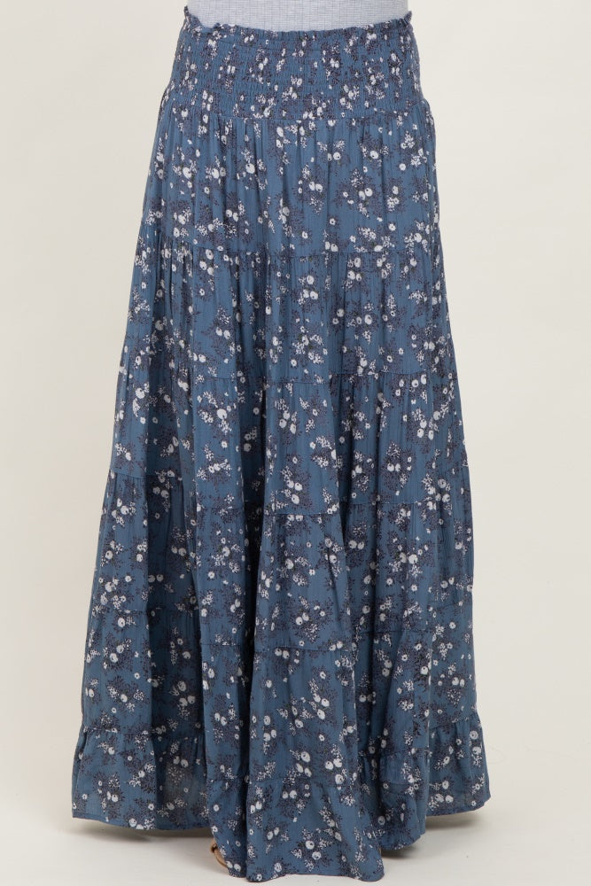 Blue Floral Smocked Waist Tiered Maxi Skirt