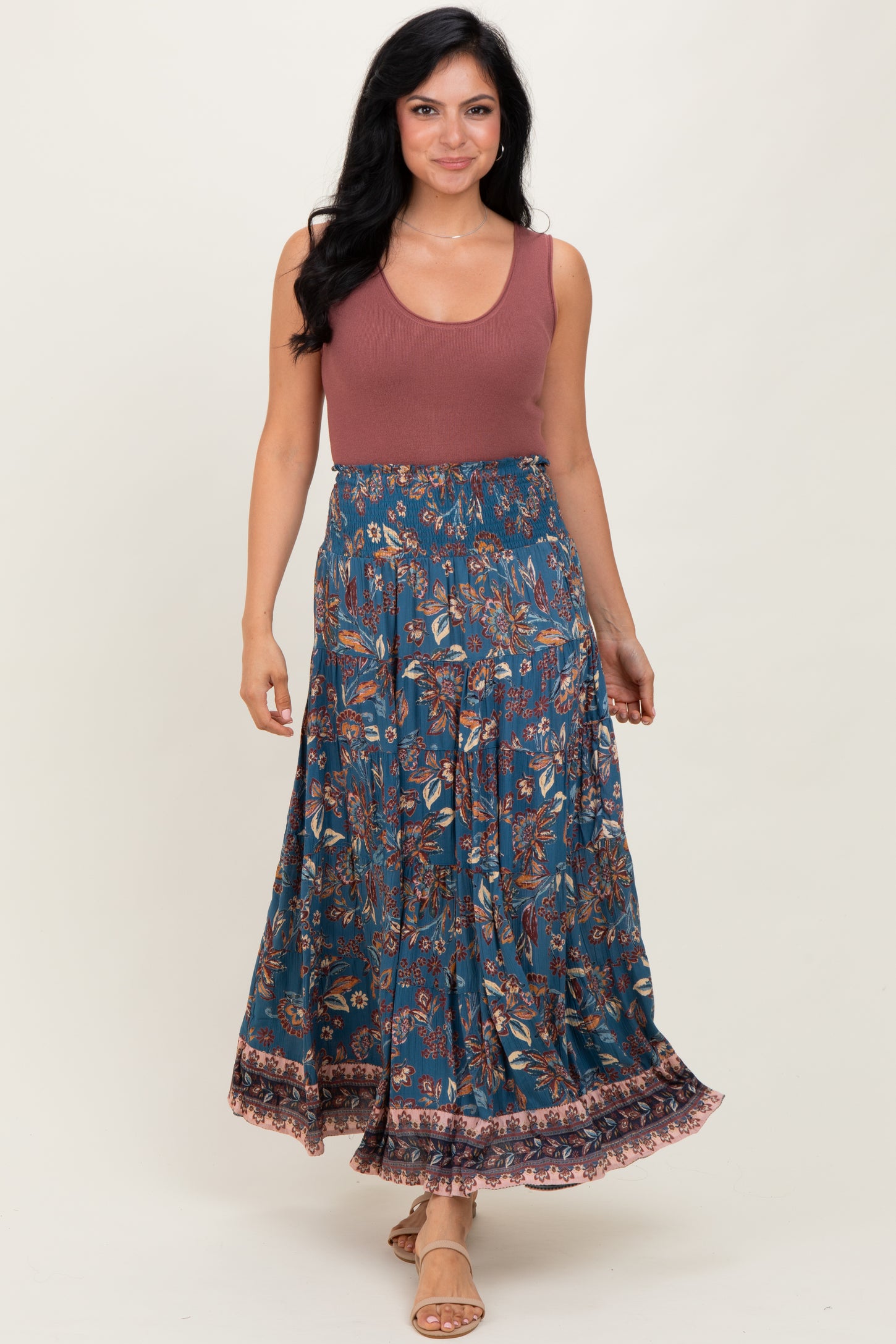 Dark Teal Smocked Waist Tiered Maxi Skirt