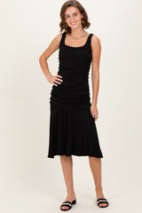 Black Ruched Sleeveless Drop Waist Midi Dress