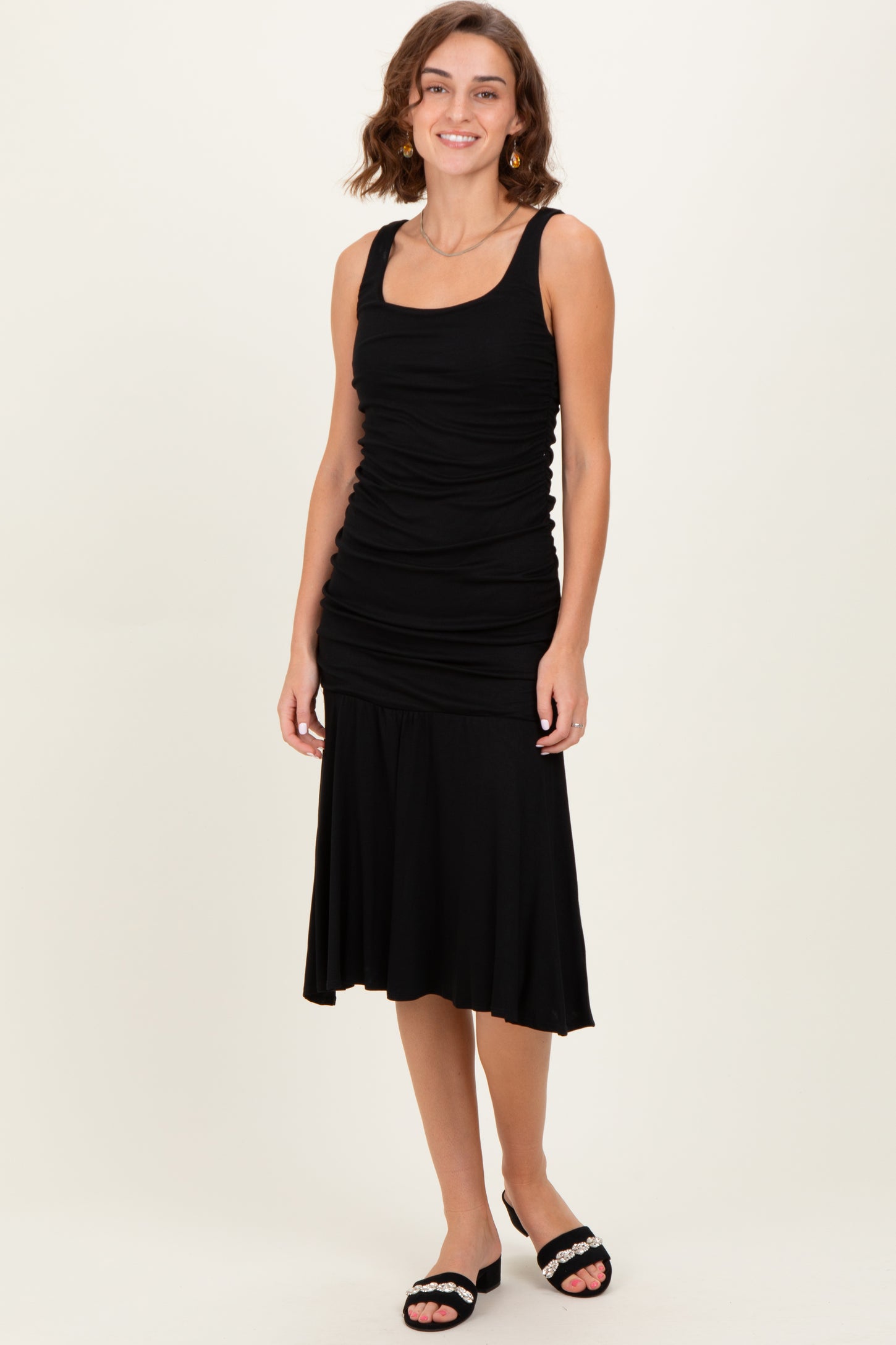 Black Ruched Sleeveless Drop Waist Midi Dress