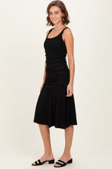 Black Ruched Sleeveless Drop Waist Midi Dress