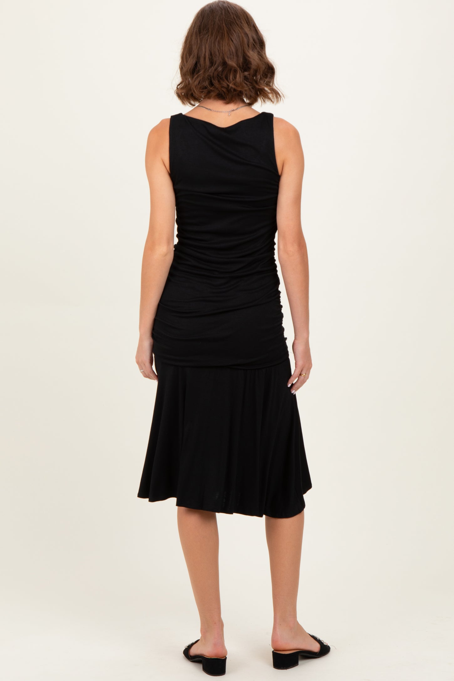 Black Ruched Sleeveless Drop Waist Midi Dress