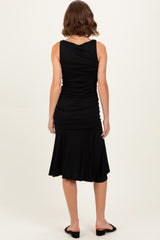 Black Ruched Sleeveless Drop Waist Midi Dress