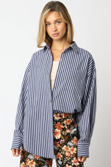 Navy Striped Linen Blend Button Down Shirt