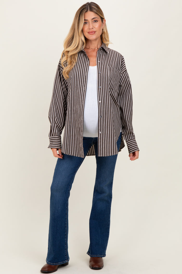Brown Striped Linen Blend Maternity Button Down Shirt