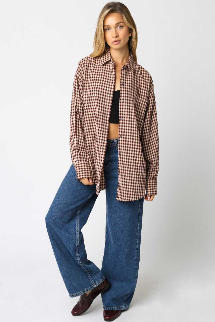 Burgundy Gingham Button Down Shirt
