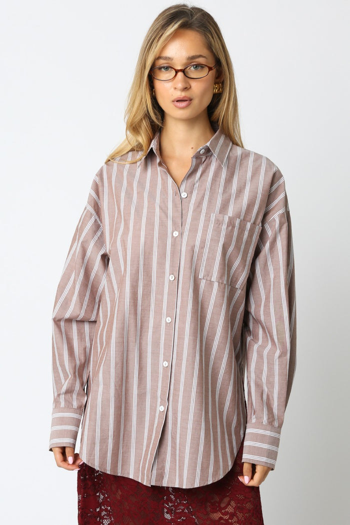 Mocha Striped Button Down Maternity Shirt