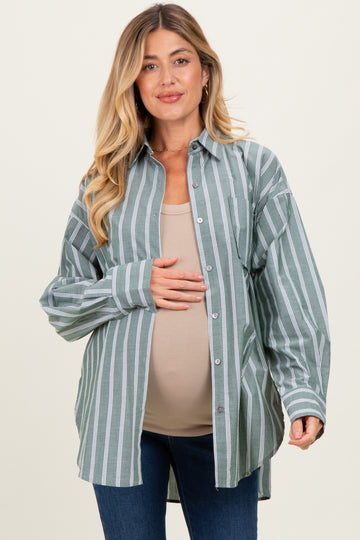 Light Olive Striped Button Down Maternity Shirt