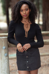 Black Ribbed Knit Cutout Tie Front Maternity Top
