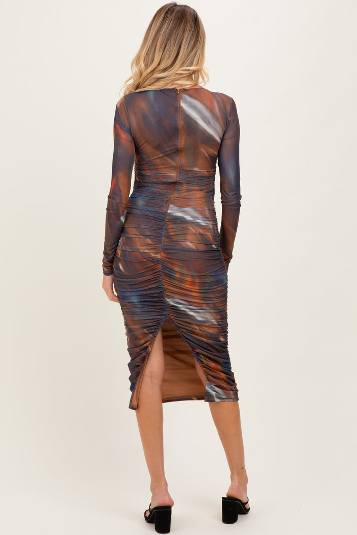 Multicolor Printed Mesh Ruched Long Sleeve Maternity Midi Dress