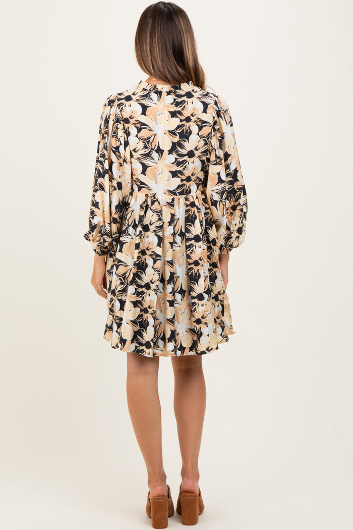 Black Floral Front Tie Bubble Sleeve Maternity Mini Dress