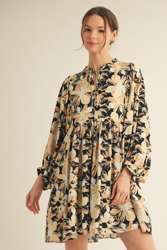 Black Floral Front Tie Bubble Sleeve Maternity Mini Dress